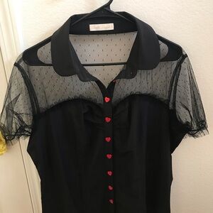 Collectif Black Blouse with Sheer Sleeves and Red Heart Buttons